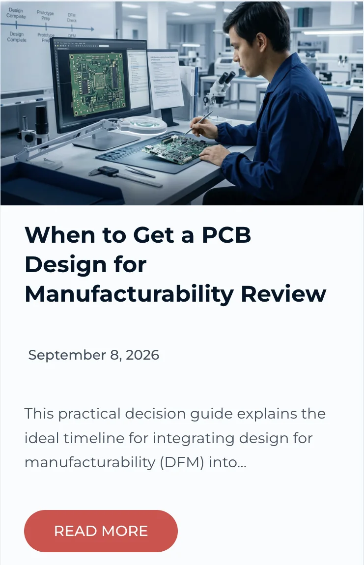 American Precision Electronics blog card for When to Get a PCB Design for Manufacturability Review, published 8 September 2026