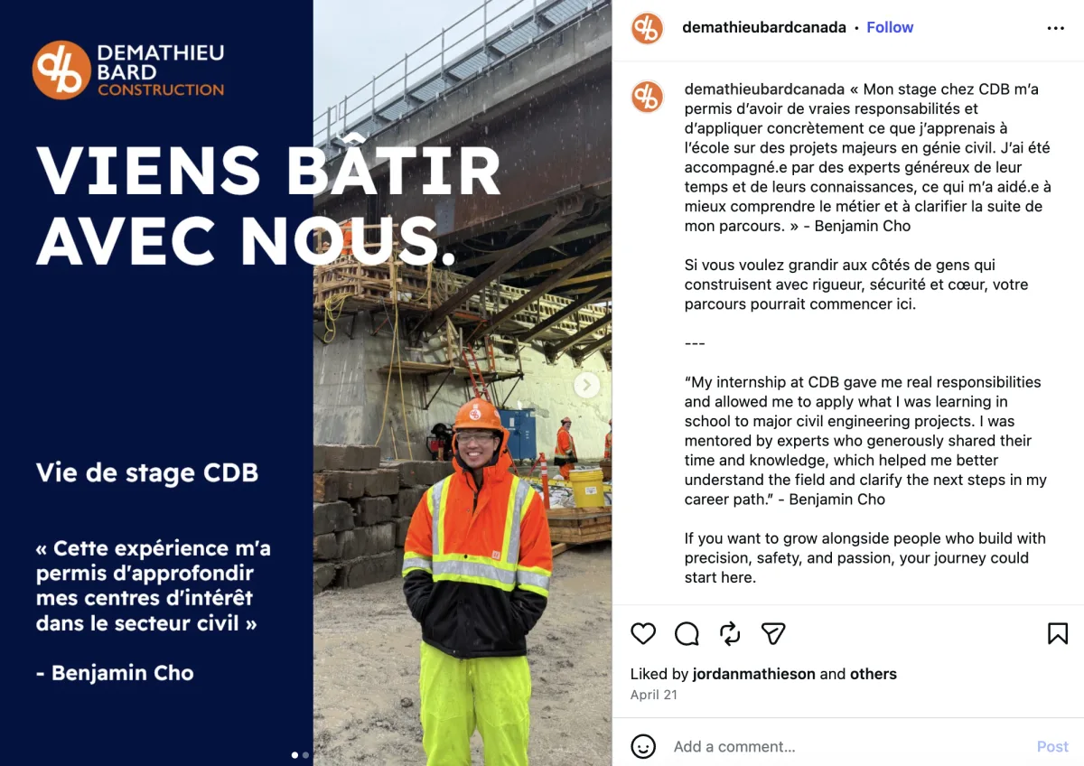 Publication Instagram Demathieu Bard : le carrousel de recrutement de stages « Viens bâtir avec nous » avec une légende bilingue
