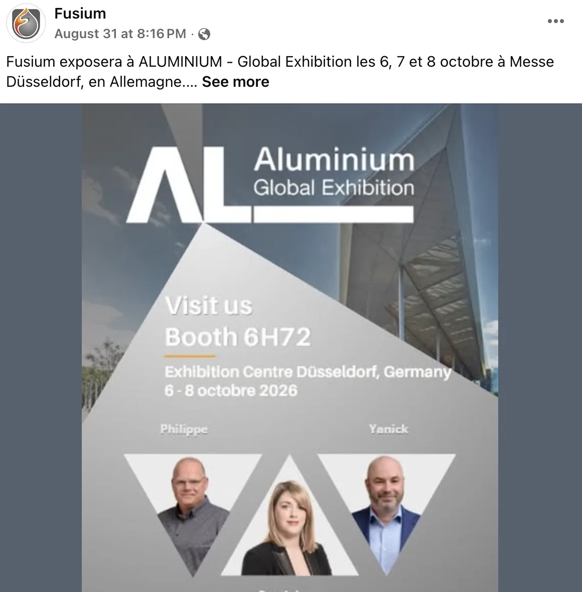 Fusium Facebook post announcing its booth at the ALUMINIUM Global Exhibition in Düsseldorf