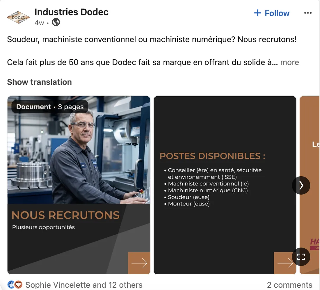 Publication document LinkedIn d'Industries Dodec affichant des postes de soudeur, machiniste et machiniste CNC avec prime d'embauche