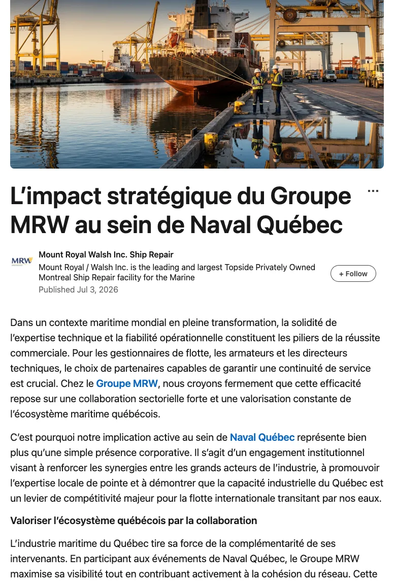 Article LinkedIn de MRW Group : l'impact stratégique du Groupe MRW au sein de Naval Québec